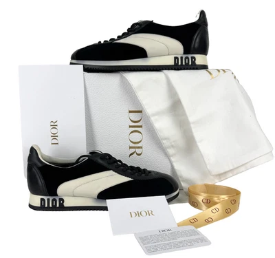 Christian Dior Wmn Auth 7 US 37 EU White Black Leather Velvet Sneakers Shoes Bag - Image 1 of 4