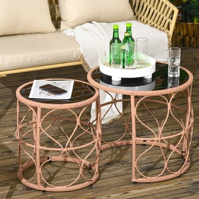 Outsunny Rattan Side Table Set of 2, Coffee Table with Glass Top, Khaki - Image 1 of 4