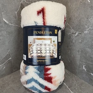 Pendleton Queen Size Fleece Blanket 98" x 92" Arrow White S. Beige Aztec NEW - Picture 1 of 6