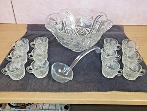 Punchbowl LE Smith Glass Co. Antiguo Molde “Galaxy” Cristal Vidrio 12 TAZAS y CUCHARA - Imagen 1 de 14