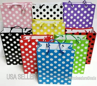 2 Gift Bags Paper Polka Dots w/Silk String Handle Gift Bag 9"H x 7"W x 3.25"D