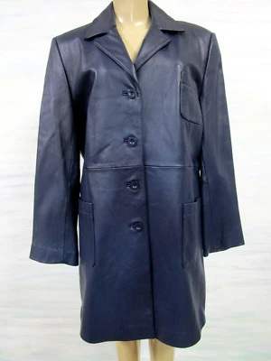 Leather Jacket Terry Lewis Navy Blue Mid-Length Long Sleeve Button NEW - Image 1 of 4