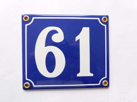 Old French Blue Enamel Porcelain Metal House Door Number Street Sign / Plate 61 Cover