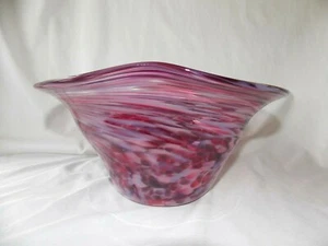 Ruffled Edge Bowl Red Pink Art Glass Hand Blown Spotted Swirled Signed K. Emmert - Picture 1 of 12