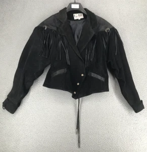Giacca di pelle vintage G III donna taglia L manica lunga frange sud-ovest nero - Foto 1 di 14