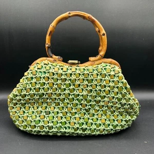 Vintage Green Gaymode Straw Beaded Purse Handbag Bamboo Handle Made Japan- Rare - Picture 1 of 20