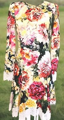 Dolce Gabbana Lace Trim Floral Print Long Sleeve Midi Dress US XS/IT 38 $2750 - Image 1 of 4