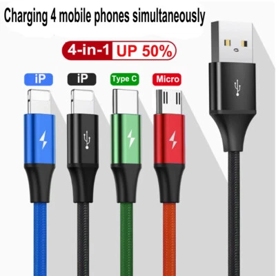 4 in 1 Multi Fast Charger Cable USB Data Cord For Apple iPhone / Type C / Micro - Image 1 of 4