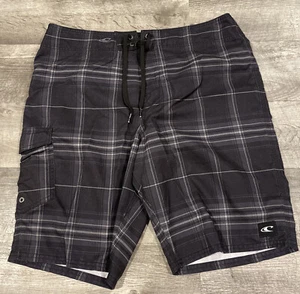O’Neill Black Plaid Board Shorts Mens size 34 Bathing Suit Swim Trunks In EUC - Picture 1 of 6