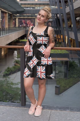 Vintage Retro Union Jack UK Flag Patch Print Rockabilly Skater Dress Alternative - Image 1 of 3