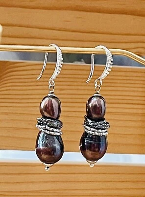 Real 15x12 mm Black Baroque Freshwater Cultured Pearl Drop Earrings - Image 1 of 4