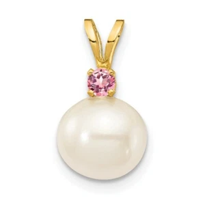 14K Yellow Gold Pink Topaz 8-8.5mm White Round Freshwater Cultured Pearl Pendant - Picture 1 of 1