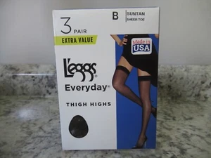Leggs Everyday Thigh Highs 3 Pair Package Suntan Sheer Toe NIP Free USA Shipping - Picture 1 of 7
