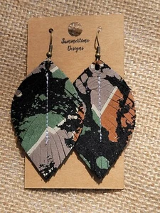 Handmade GENUINE Leather Feather Earrings Black Suede w/ Fall Abstract Print 2" - Picture 1 of 1