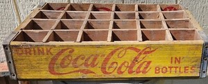 Vintage Coca-Cola 24 Hole Wooden Crate Yellow Background Red Lettering Used