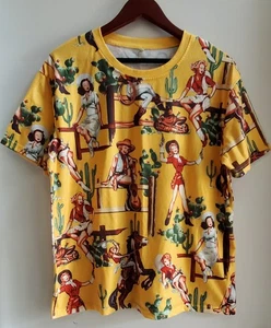 Cowgirl Print Kurzarm Shirt XL gelb Kaktus Pferde Rodeo Girl Poly/Spandx - Bild 1 von 13