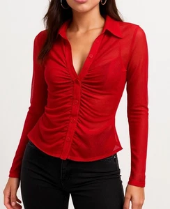 Y2K rote Bluse Gr. Large transparent gerafft Knopfleiste tailliert Langarm Oberteil Kragen - Bild 1 von 14