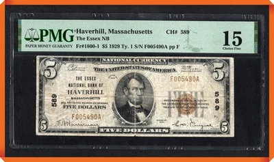 KC- Fr.1800-1 1929 NB of Haverhill , MA #589 - Fine 15 PMG - Image 1 of 3