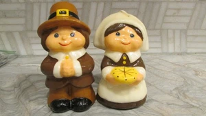 Vintage Pair 5" Thanksgiving Pilgrims Harvest Girl & Boy Glossy Wax Candles - Picture 1 of 4
