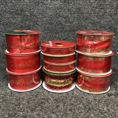 Lot Of 10 Vintage Christmas Ribbon Spools (7) 1 1/2” 4yds & (3) 5/8” 3yds New - Image 1 of 4
