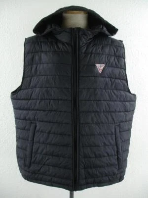 Men's XXL Guess Black Hooded Vest Jacket Puffer Quilted Insulated Full-Zip NEW - Image 1 of 4
