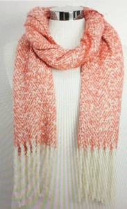 Womens Coral & Beige Chevron Striped Scarf Long Fringe Oblong  SOFT Warm Acrylic - Picture 1 of 5