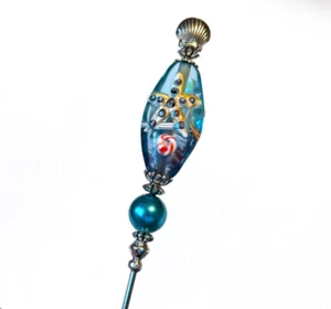 HATPIN with Murano Light BLUE Glass Sea Life in Silver Finish & Aqua Pearl 8" - Picture 1 of 8