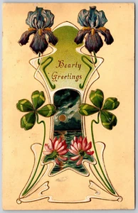 Postcard Hearty Greetings Art Nouveau Irises Four Leaf Clovers 1907 Gilt - Picture 1 of 2