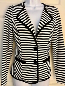 SUNNY LEIGH WOMENS SMALL BLACK WHITE STRIPED FITTED STRETCH BLAZER JACKET Sz S - Picture 1 of 7