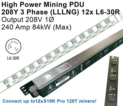 208V WYE 3P High Power PDU 12x L6-30R 240A 84kW Breakers 208V Output For Mining - Image 1 of 4