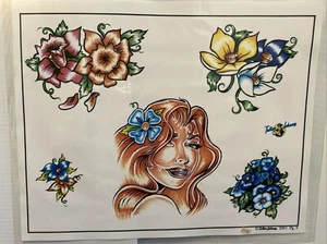 Vintage Tattoo Shop Tattoo Johnny Pg 9 2001 Tattoo Flash Wall Art Pinup Flower - Picture 1 of 1