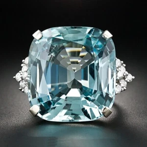 Enorme cojín aguamarina cortado circonio cúbico anillo de tres piedras 925 plata de ley - Imagen 1 de 5