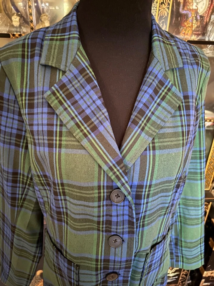 Y2K  90’s Joan Rivers Women's Blue Green Tartan Plaid Preppy Blazer Jacket 12 - Image 1 of 4