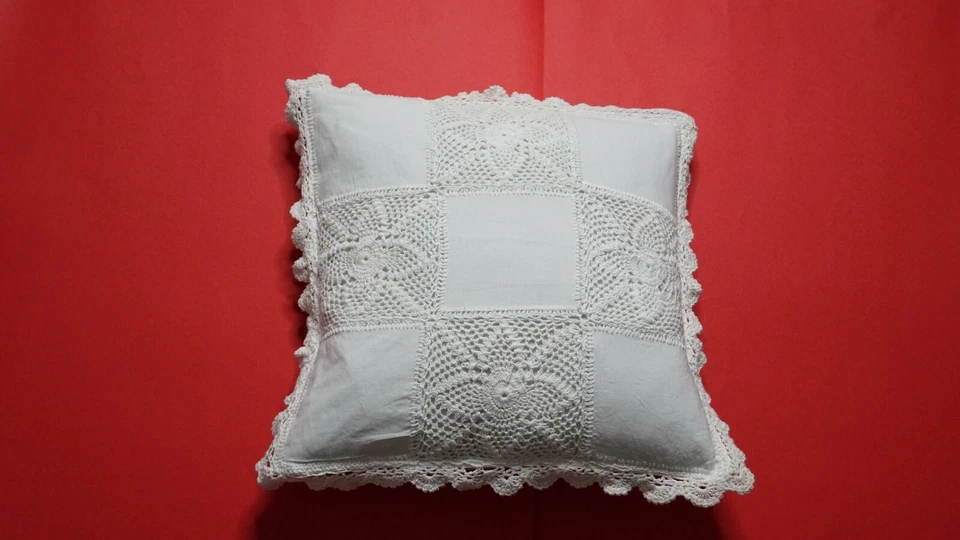 2 Linen Lace Cushion Cover in white color in  size 16 inch x 16 inch handmade - Image 1 of 4