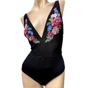 Saki Silver Vintage Indigo Blue Floral Bodysuit, Size Large, NWT!! - Picture 1 of 5
