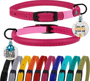 Cat Collar with Bell Kitten Rolled Leather Collars Safety QR ID Name Tag (Pink B - Picture 1 of 6