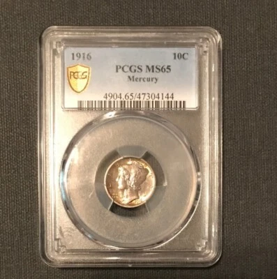 1916-P MERCURY SILVER DIME PCGS MS65 GOLD SHIELD UNC GEM BU+ MS+ GREAT COIN - Image 1 of 2