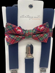 Baby Newborn Boy Suspenders & Bow Tie Set 0-3M Blue Red Plaid Reindeer Christmas - Picture 1 of 3