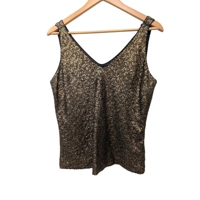 Lauren Ralph Lauren Sequinned V-Neck Tank Top Gold Brown Lined Cute Chic Preppy - Image 1 of 4