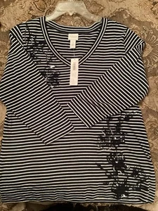 Chico's Nichole Navy /White Striped knit Top W/ sequins Size 1(8/10) NWT - Picture 1 of 2