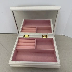 White 7” X 5” Jewelry Box Wood & Fabric on Top, Mirror , Pink Inside - Picture 1 of 15