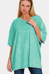 Zenana Full Size Washed Round Neck Drop Shoulder Oversized T-Shirt - Picture 1 of 6