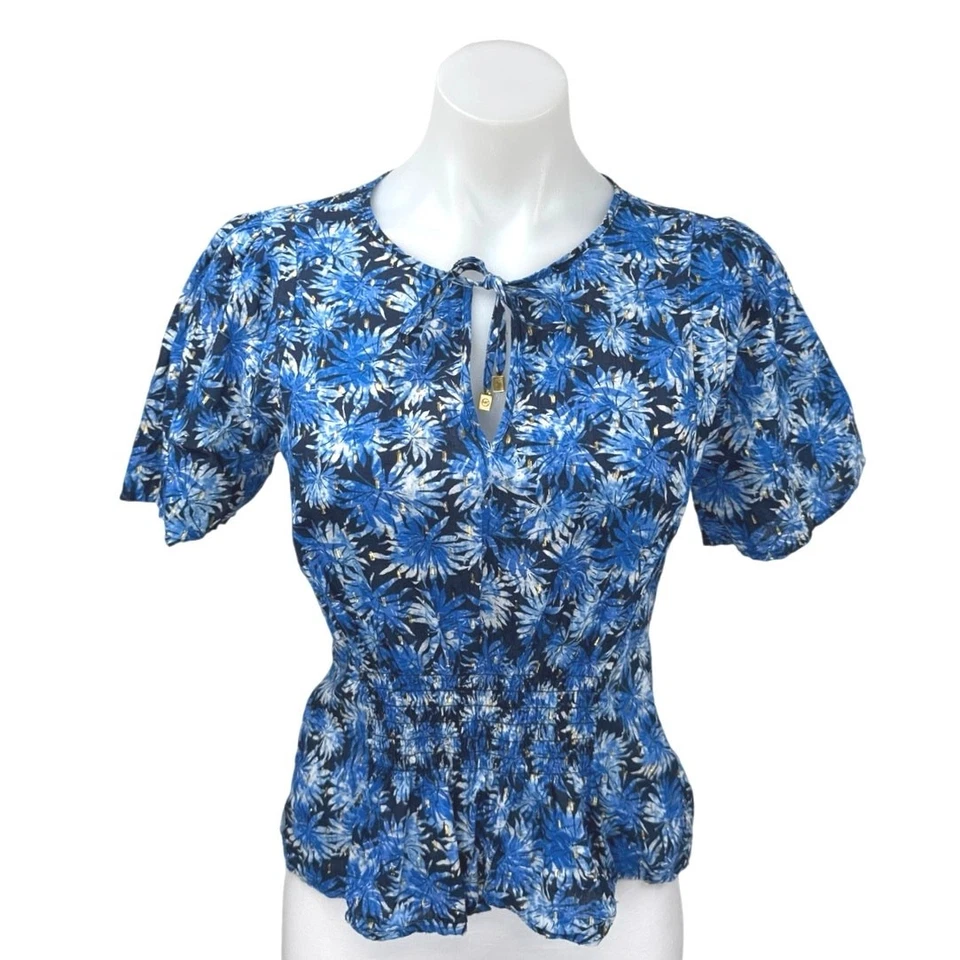 Blusa Top Michael Kors Azul Floral Metálico Cerradura Corbata Manga Corta Peplum S Foto 1 de 4