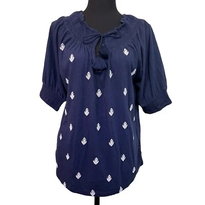 Lucky Brand Size XS Cotton Blouse Navy With White Embroidery V-neck Tassel Tie - Image 1 of 4