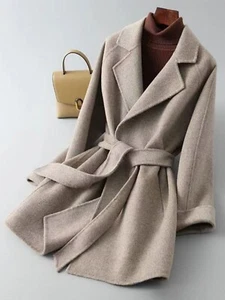 Women Lapel Collar Mid Long Trench Coat Overcoat Faux Woolen Belt outwear Spring - Picture 1 of 8