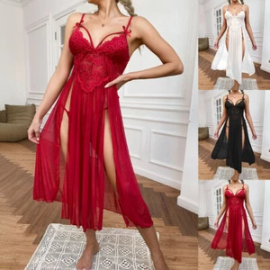 Women Sexy Sleeveless Lace Slits Nightdress Lingerie Sleepwear Nightwear Dress - Picture 1 of 16