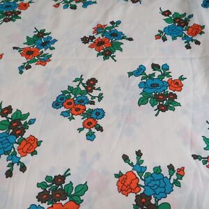 Vintage 70s Flower Blue Orange brown floral Cream Poly Knit Fabric 3.8 yds x 60"