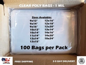 100 CLEAR POLY BAGS Large Plastic Packaging Open Flat Packing T-Shirt Apparel - Picture 1 of 5