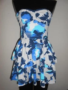 ABERCROMBIE & FITCH Blue Aqua Ivory Short Strapless Stretch Ruffles Dress Jrs S - Picture 1 of 1