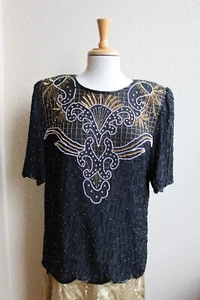 Vintage 80's Black & Gold Beaded Laurence Kazar Silk Blouse Short Sleeves 1X - Picture 1 of 4